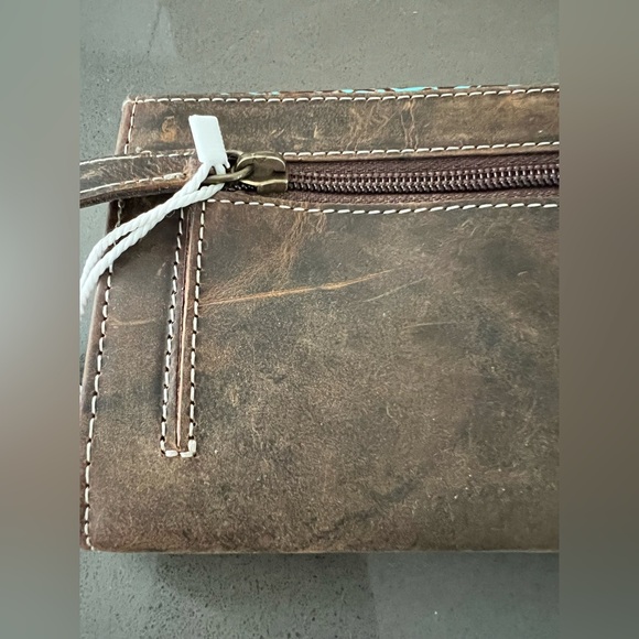 American Bison Western Floral Embossed Leather Wallet Brown Turquoise NWT - Picture 5 of 10